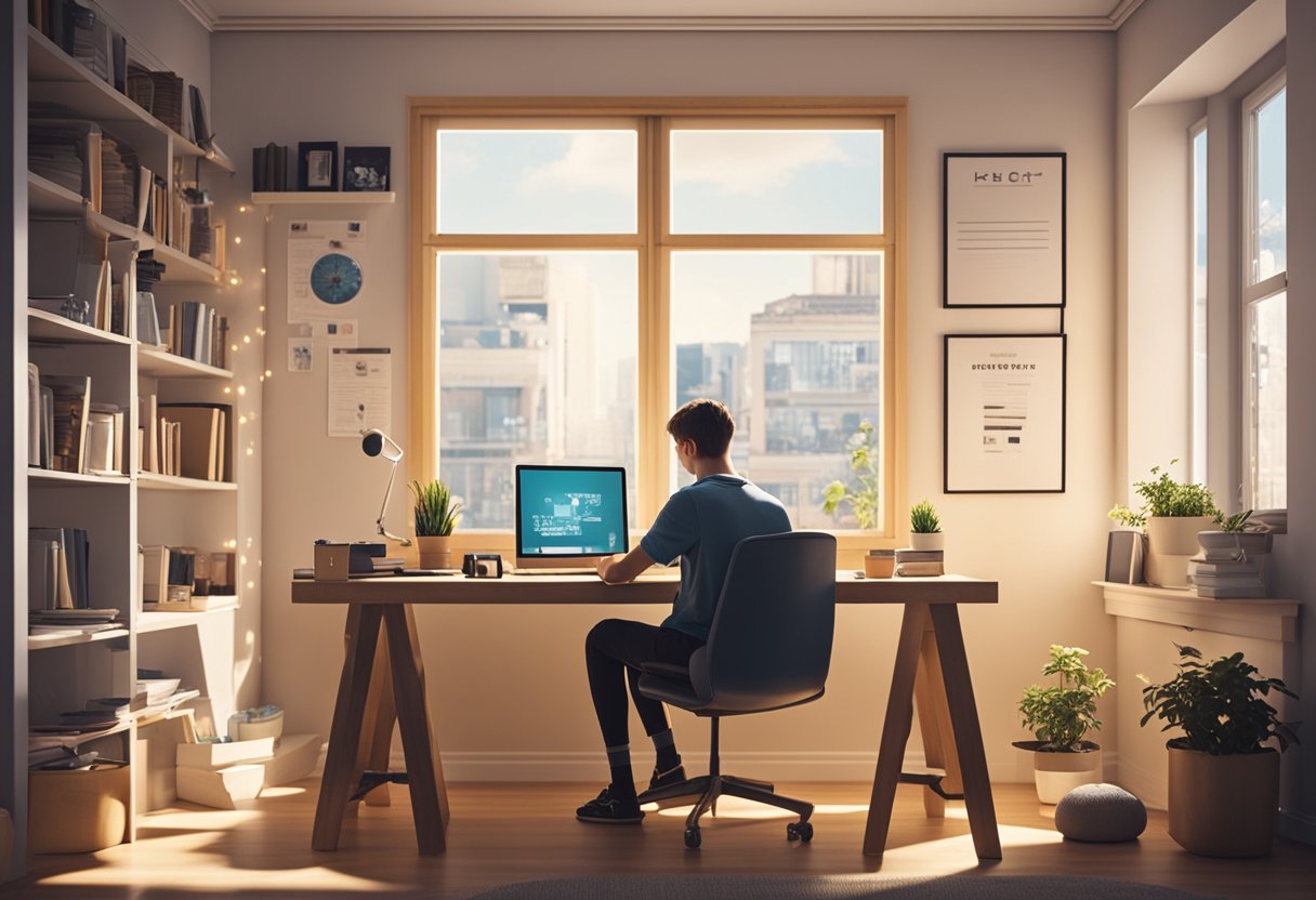 A teenager sits at a desk in a cozy bedroom, laptop open and papers scattered. A bookshelf and motivational posters decorate the walls. The window shows a sunny day outside