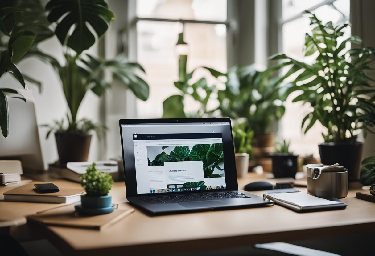 A cozy home office with a laptop, desk, chair, and a teen's study materials. A window with natural light and plants add a sense of calm and productivity