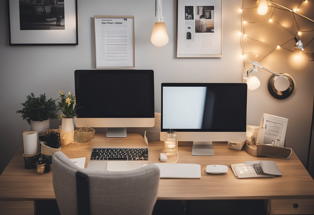 A cozy bedroom with a desk, computer, and comfortable chair. A sign on the wall reads "Work From Home Jobs for Teens" with a list of online job opportunities