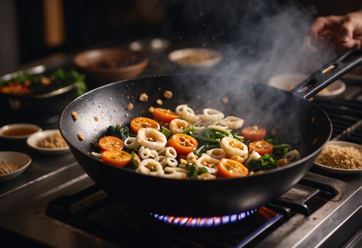 A wok sizzles as lotus root, garlic, and soy sauce are tossed together in a Chinese stir fry. Steam rises from the pan as the ingredients are quickly cooked to perfection