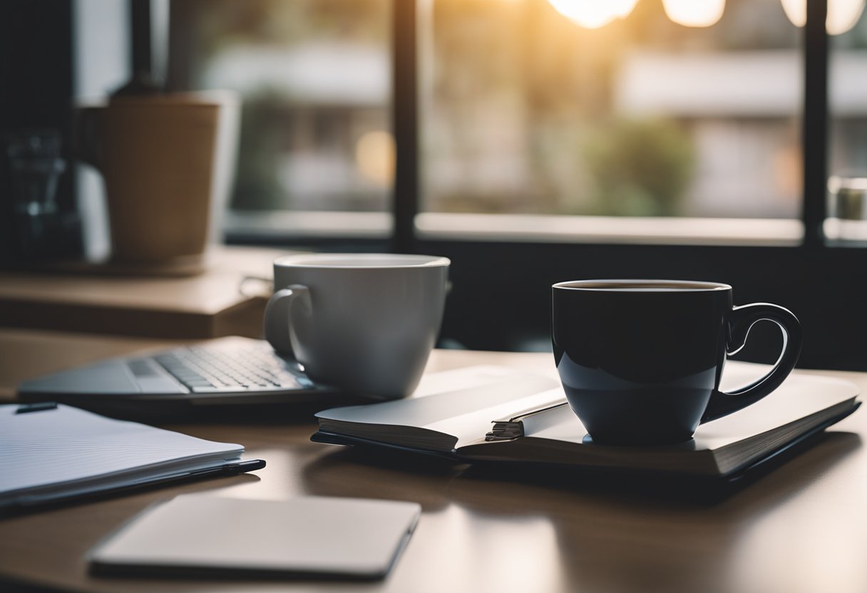 A laptop and notebook sit on a desk by a window. A cozy chair and a cup of coffee complete the work from home setup