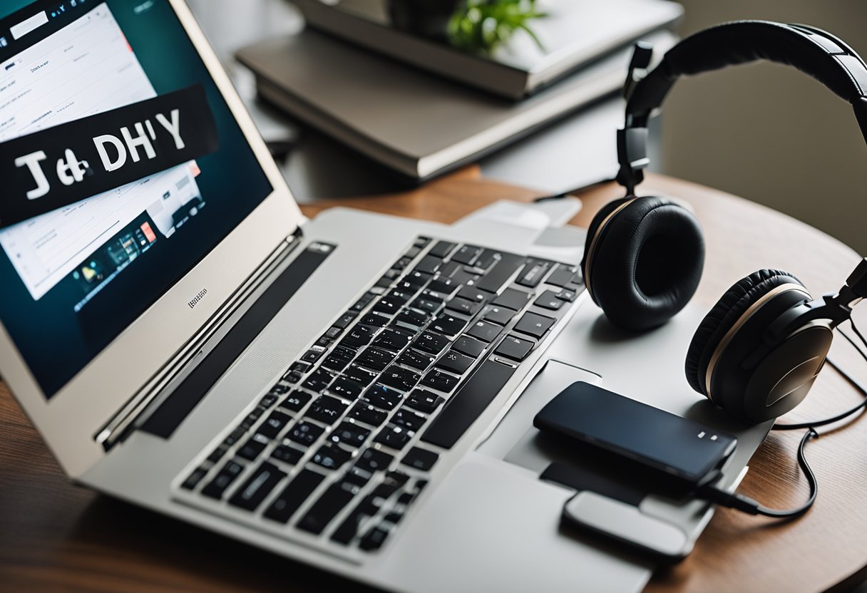 A laptop on a desk with a notebook, pen, and headphones. A cozy work-from-home setup for teens learning remote job skills