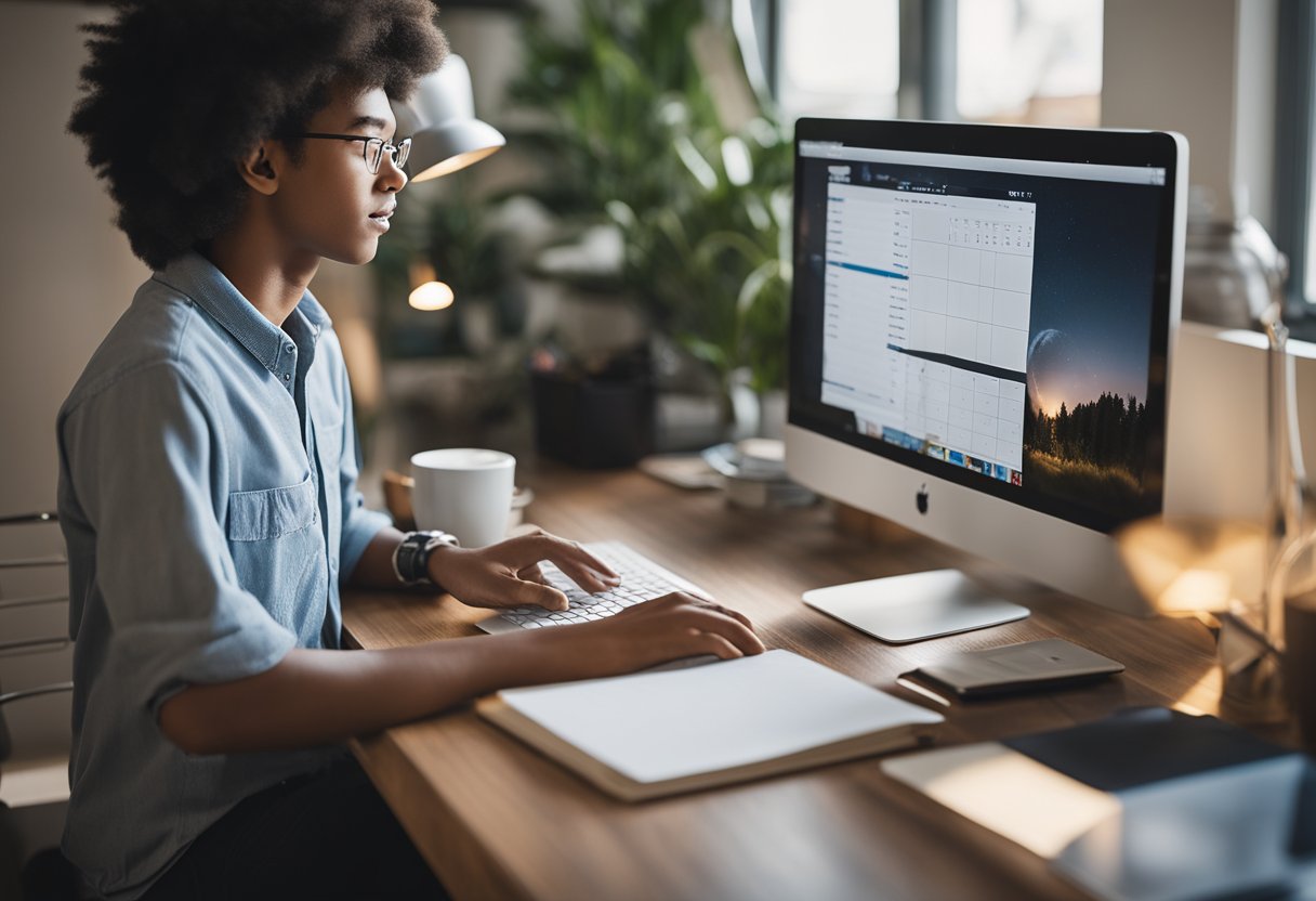 Teen at desk, laptop and textbooks, juggling tasks. Outside, distractions like friends and pets. Inside, organized workspace, calendar, and time management tools