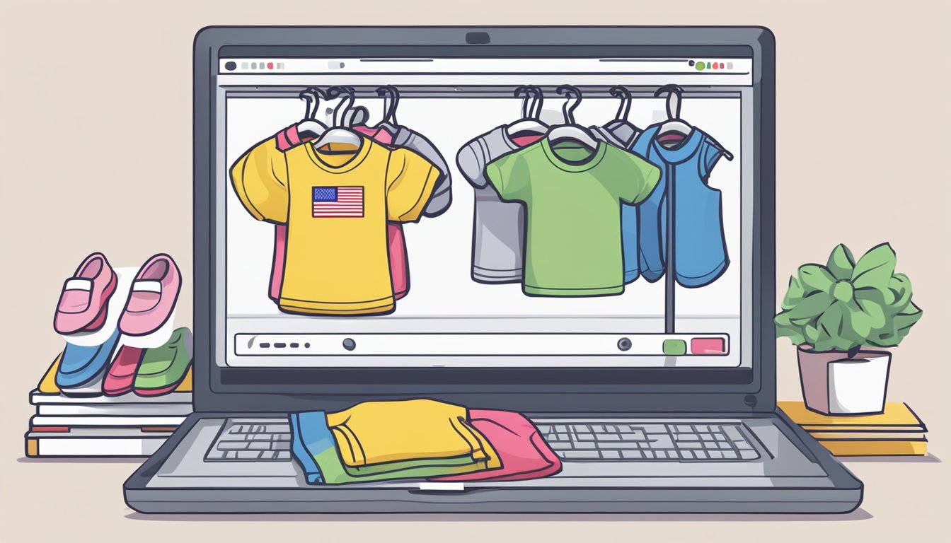 A computer screen displaying a variety of baby clothes, with a "buy now" button and a Malaysian flag in the corner
