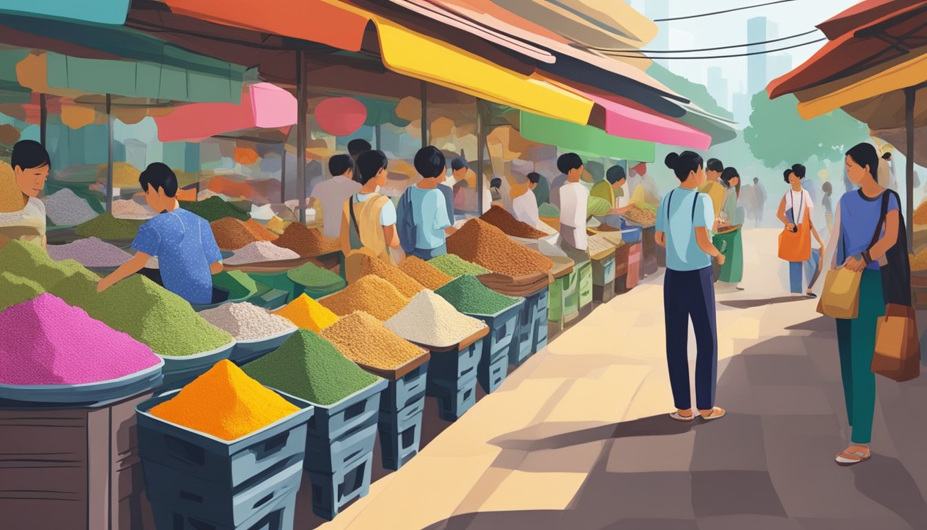 A bustling Singapore market stall displays bags of Okara powder for sale. The vibrant colors and enticing aromas draw in customers eager to purchase the popular ingredient