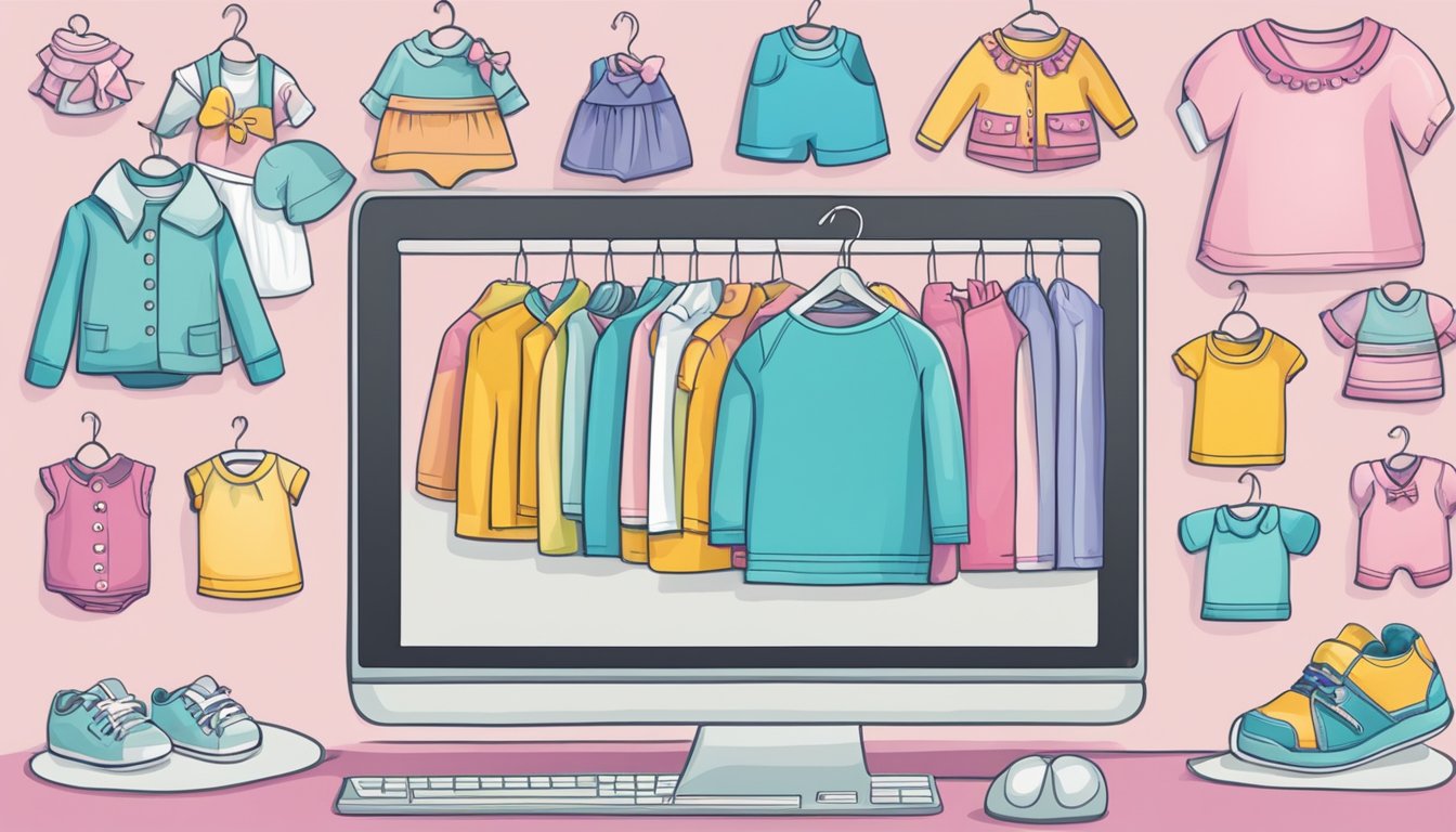 A computer screen displaying a colorful array of baby clothes, with a cursor clicking on the perfect outfit