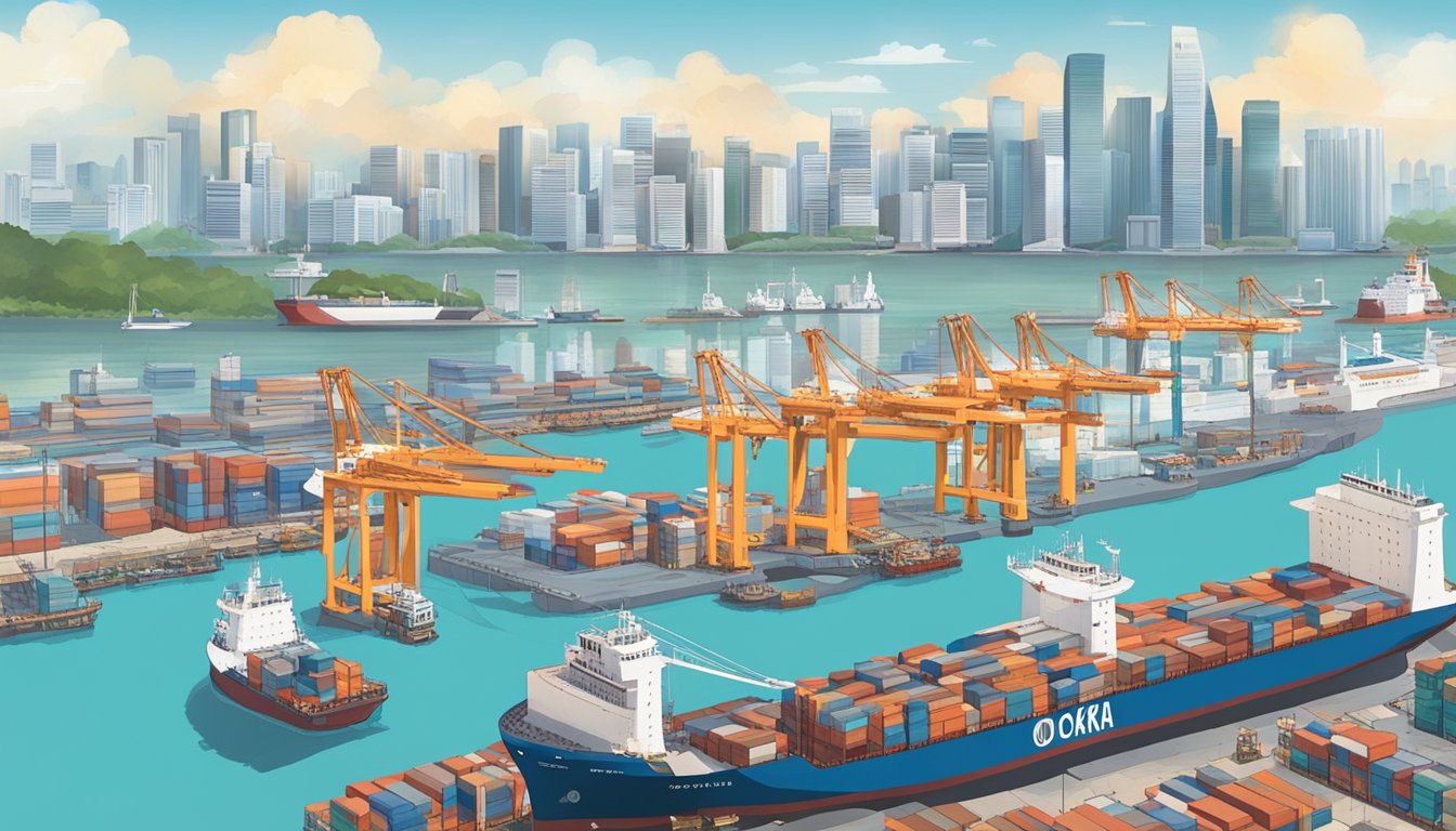 A bustling port with cargo ships and support staff assisting with international shipping. A sign reading "Where to buy okara powder in Singapore" stands out against the backdrop of the city skyline