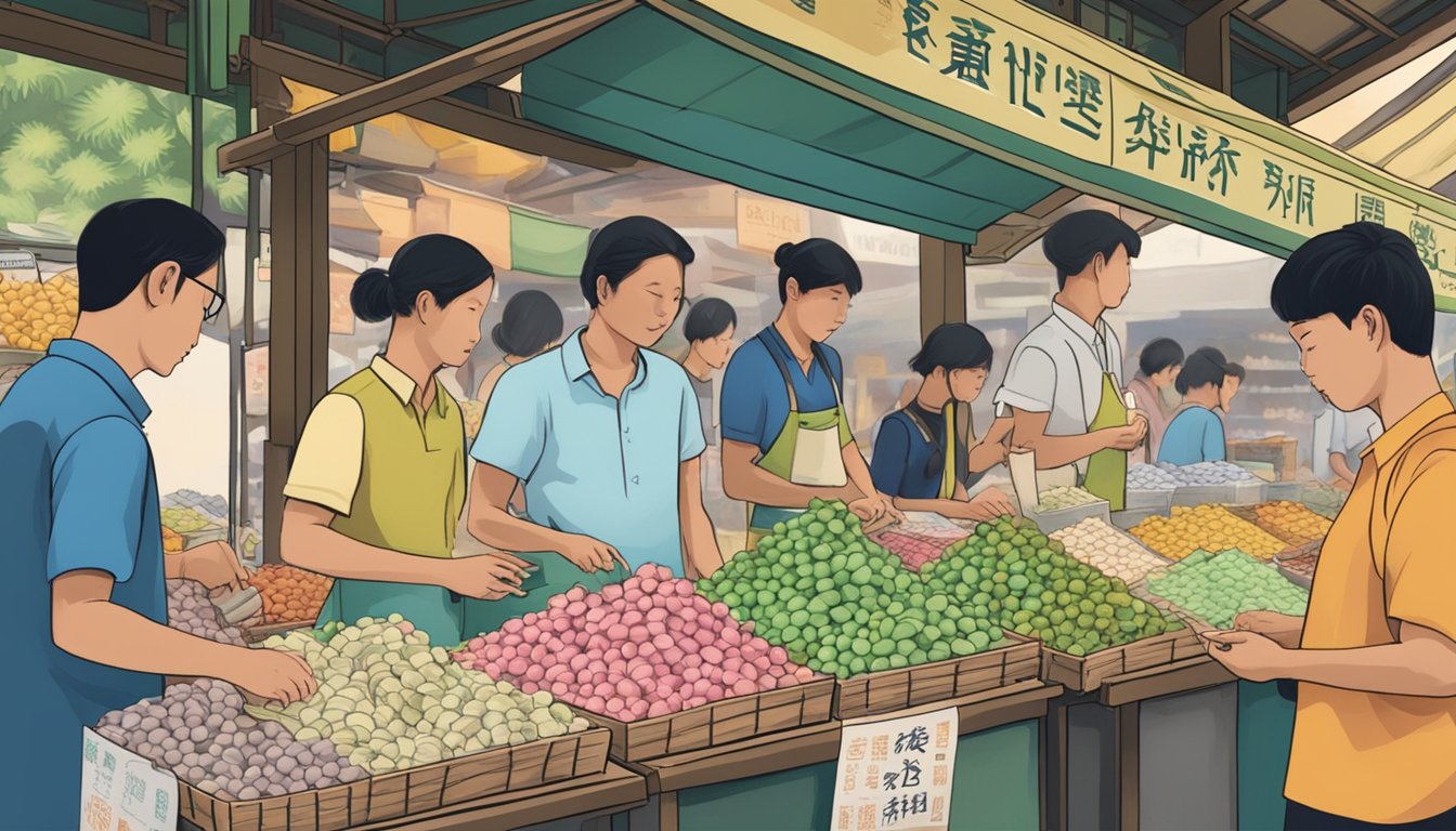 A bustling market stall in Singapore displays packets of okara powder, with a sign reading "Frequently Asked Questions: Where to buy okara powder in Singapore."