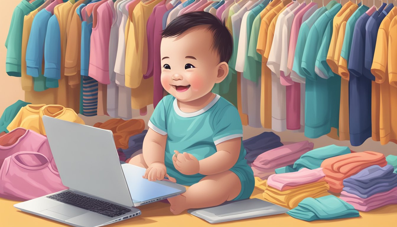 A smiling baby sits surrounded by colorful, neatly folded baby clothes. A laptop displaying a Malaysian online store is open nearby