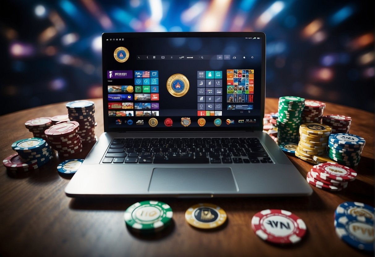 An open laptop with a VPN logo on the screen, surrounded by international flags and casino chips