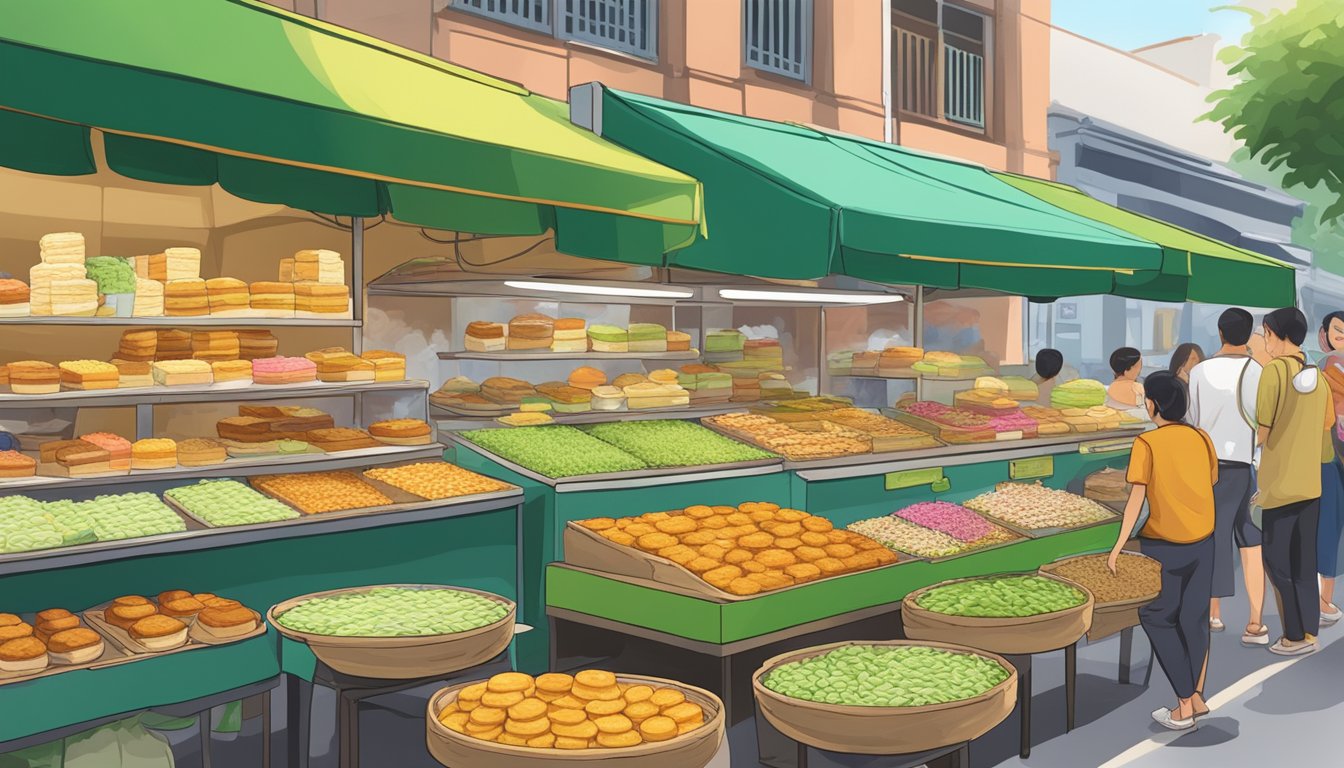 A bustling street market in Singapore showcases a colorful array of ondeh ondeh cakes at a local bakery stall