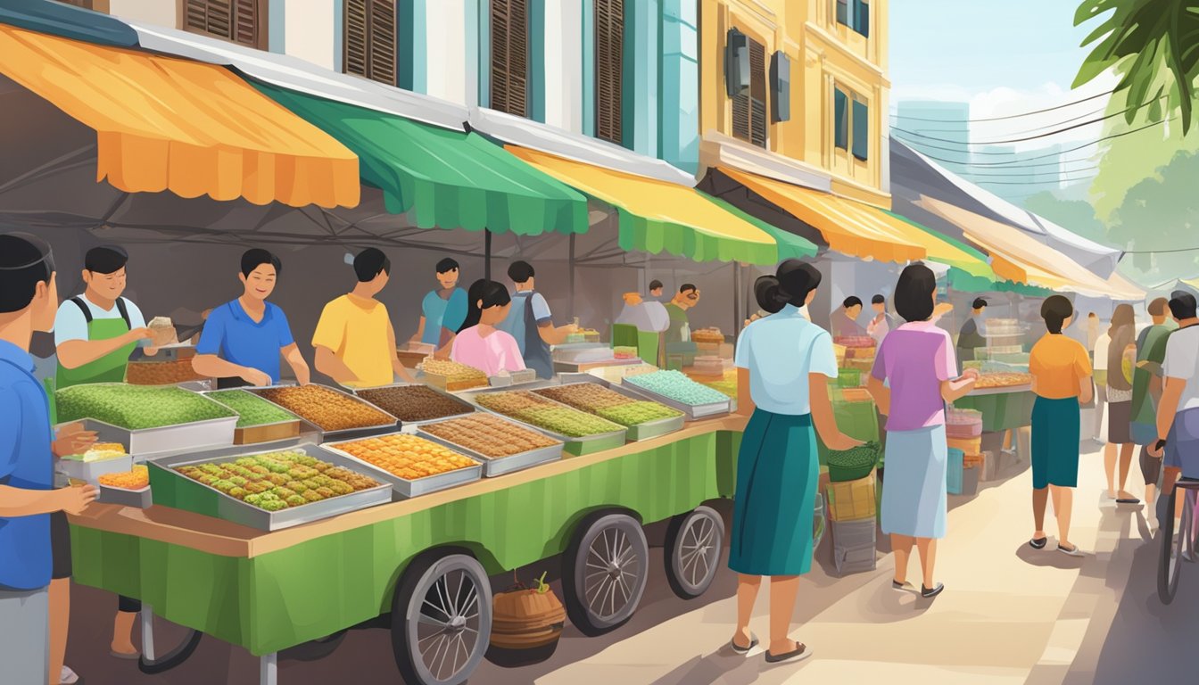 A bustling street market in Singapore showcases colorful stalls selling ondeh ondeh cakes, with vendors eagerly serving up the popular sweet treats to eager customers