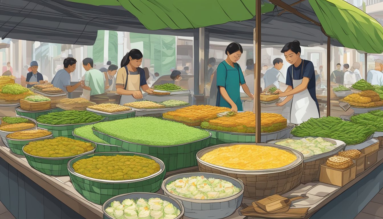 A table spread with ondeh ondeh cake, pandan leaves, and gula melaka. A bustling market in Singapore with vendors selling the popular local dessert