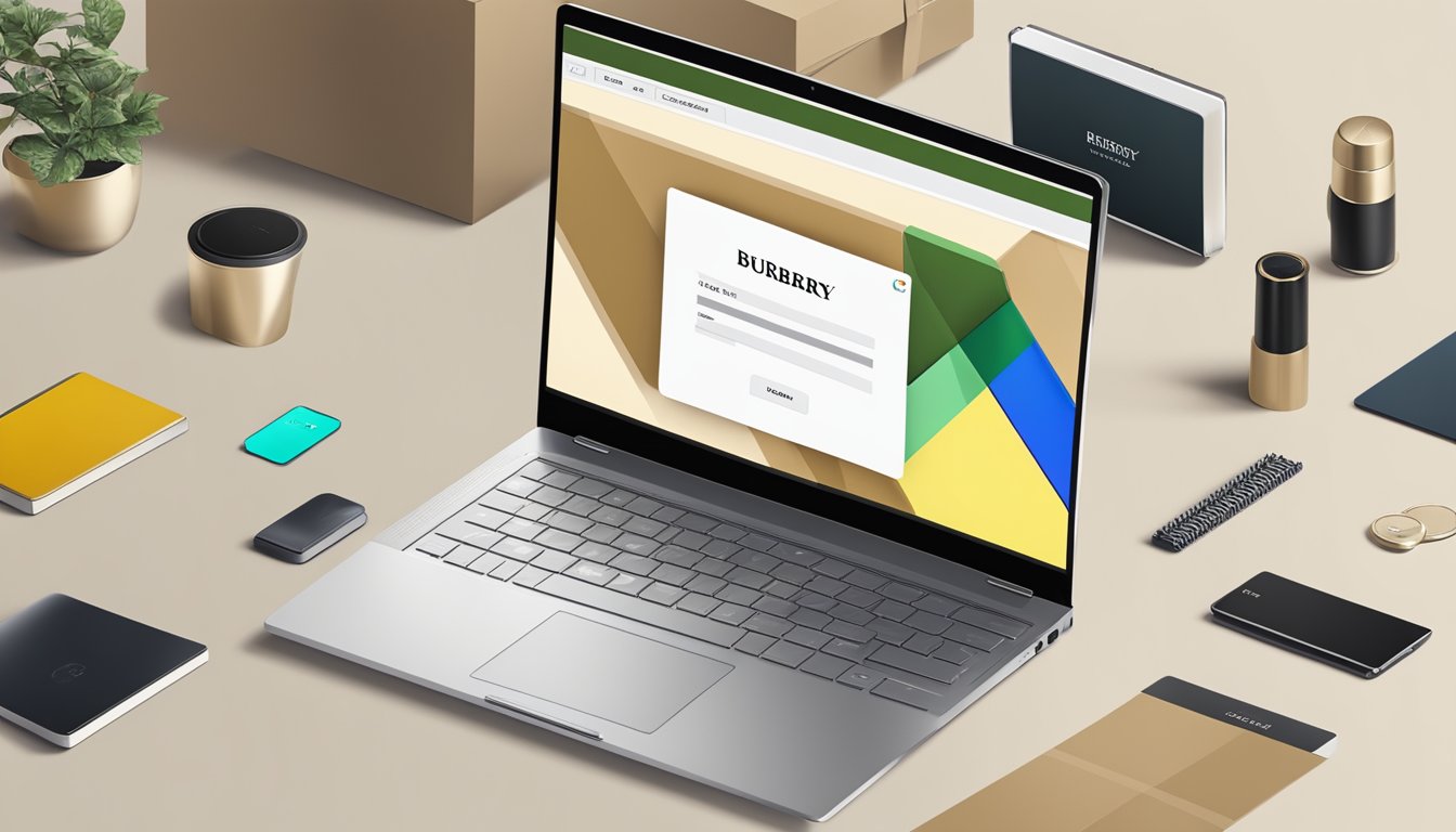 A laptop displaying the Burberry website, with a cursor clicking on the "buy" button
