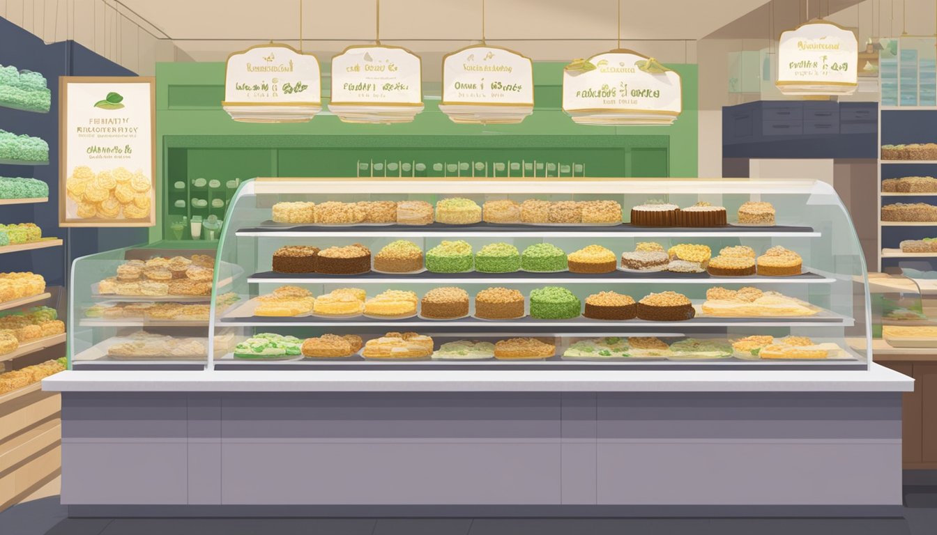 A display of ondeh ondeh cakes in a Singaporean bakery, with a sign indicating "Frequently Asked Questions: where to buy ondeh ondeh cake in Singapore."
