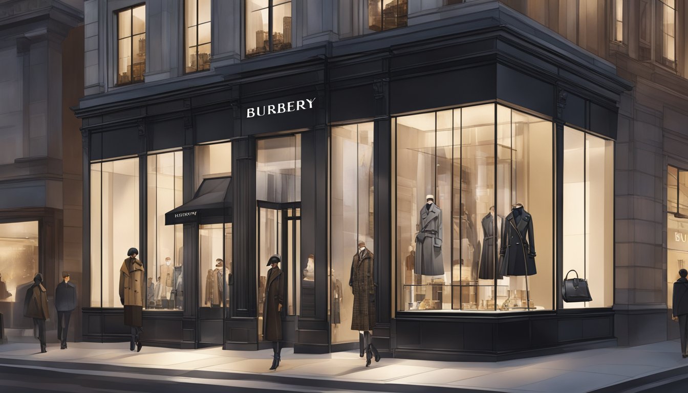 A sleek, modern storefront with the iconic Burberry logo displayed prominently. Bright lights illuminate the latest collections showcased in the window display