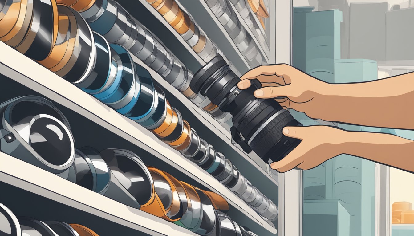 A hand reaches out to select a camera lens from a shelf, with various lenses on display in a well-lit store