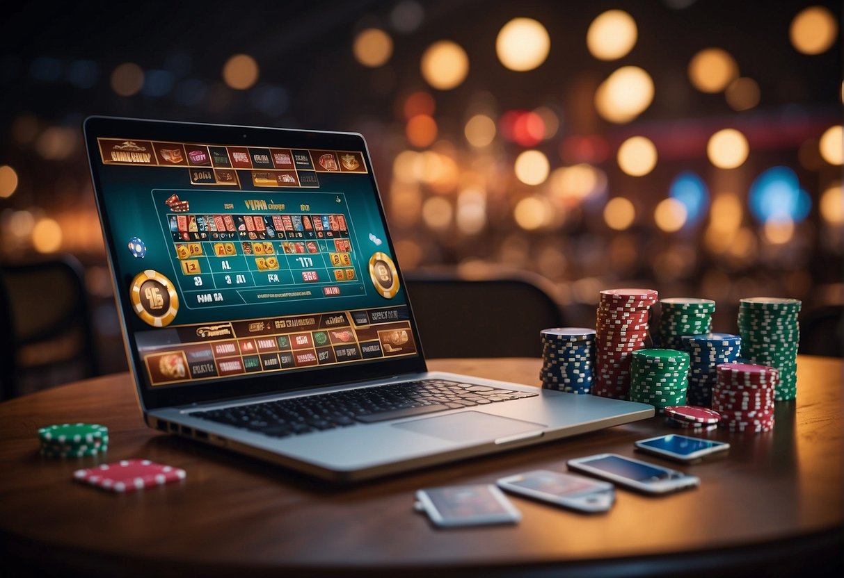 A laptop with a VPN connected to an online gambling site, surrounded by casino chips and playing cards