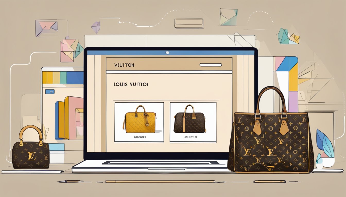 A computer screen displaying a website with Louis Vuitton bags for sale
