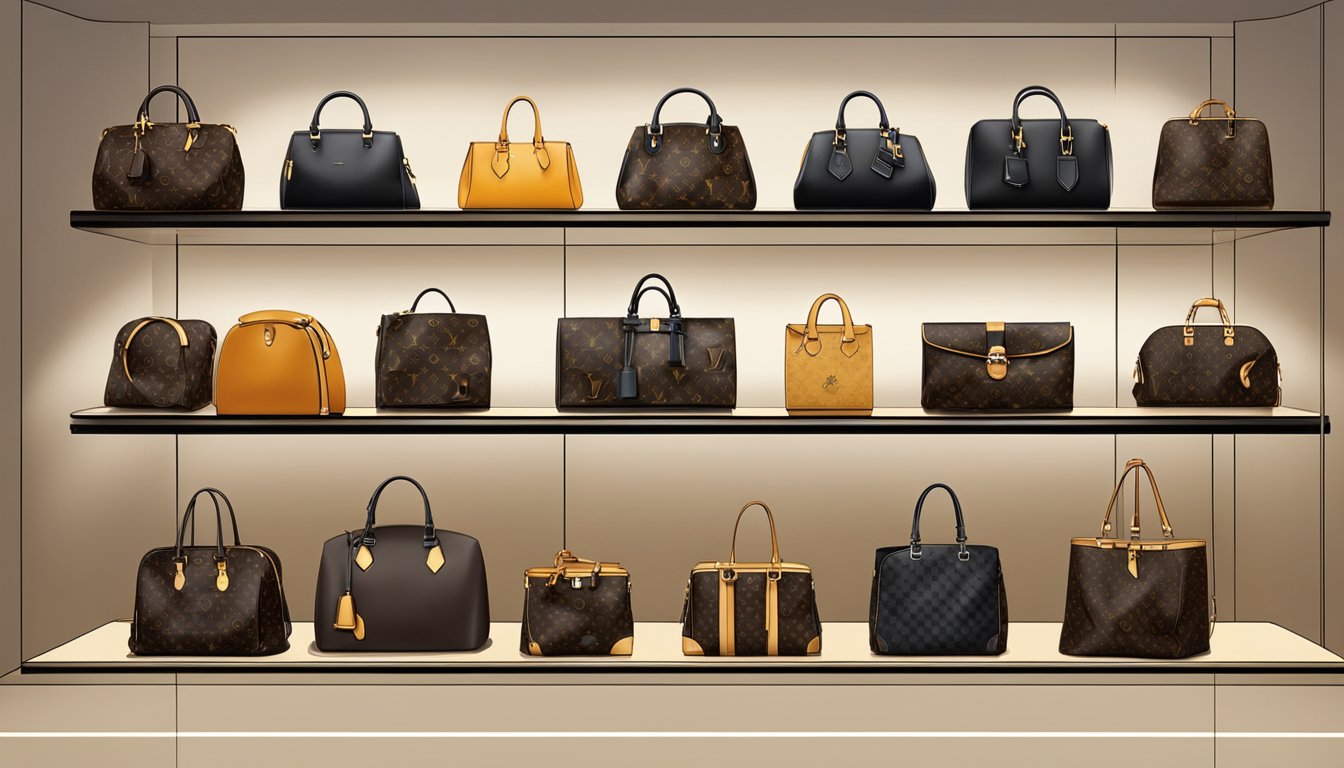 A display of Louis Vuitton bags arranged on a sleek, modern shelf. The bags exude luxury and elegance, with their iconic monogram pattern and high-quality craftsmanship