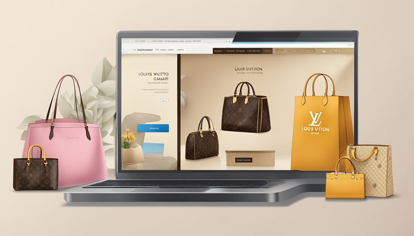 A computer screen displaying the Louis Vuitton website with a virtual shopping cart filled with luxurious bags