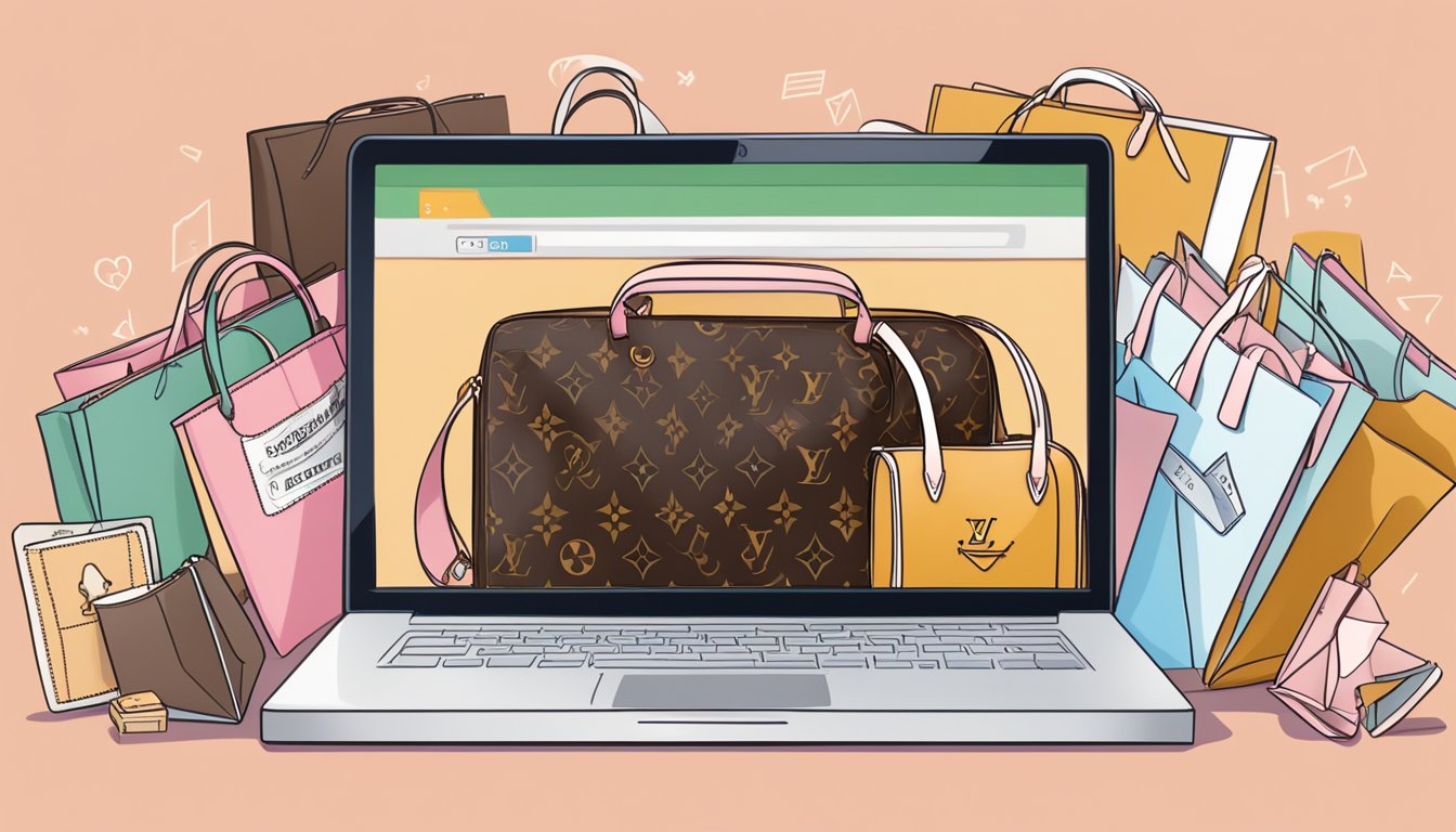 A laptop displaying a webpage with the title "Frequently Asked Questions buy louis vuitton bags online" surrounded by a stack of Louis Vuitton shopping bags and a credit card