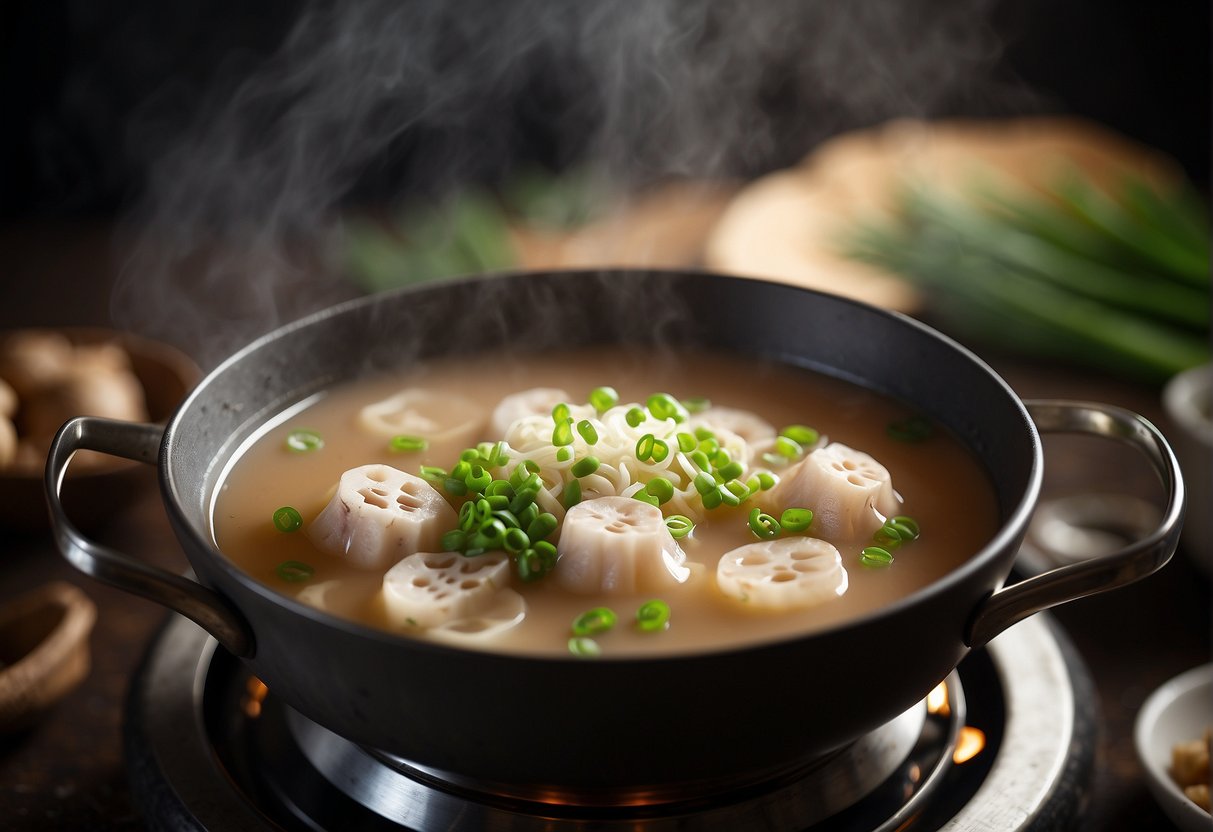 A pot of boiling lotus root soup simmers on a stove, with slices of lotus root, pork, and green onions floating in the fragrant broth