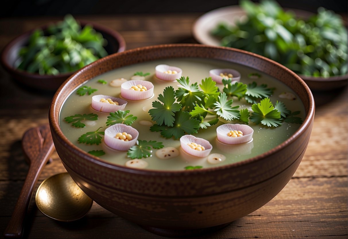 A steaming bowl of lotus soup sits on a wooden table, garnished with fresh cilantro and floating slices of tender lotus root