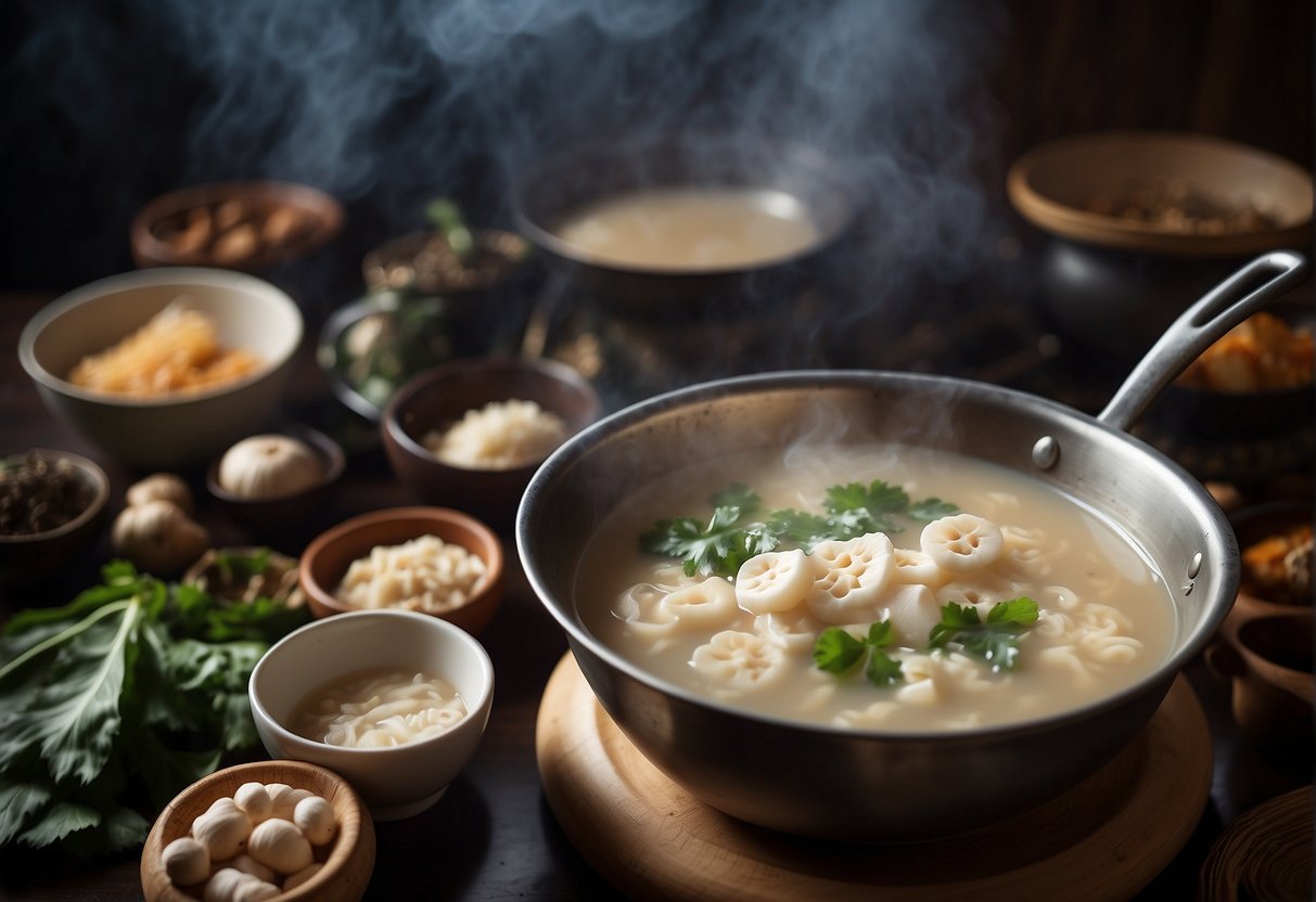 A steaming pot of fragrant lotus root soup simmers on a stove, surrounded by traditional Chinese cooking utensils and fresh ingredients