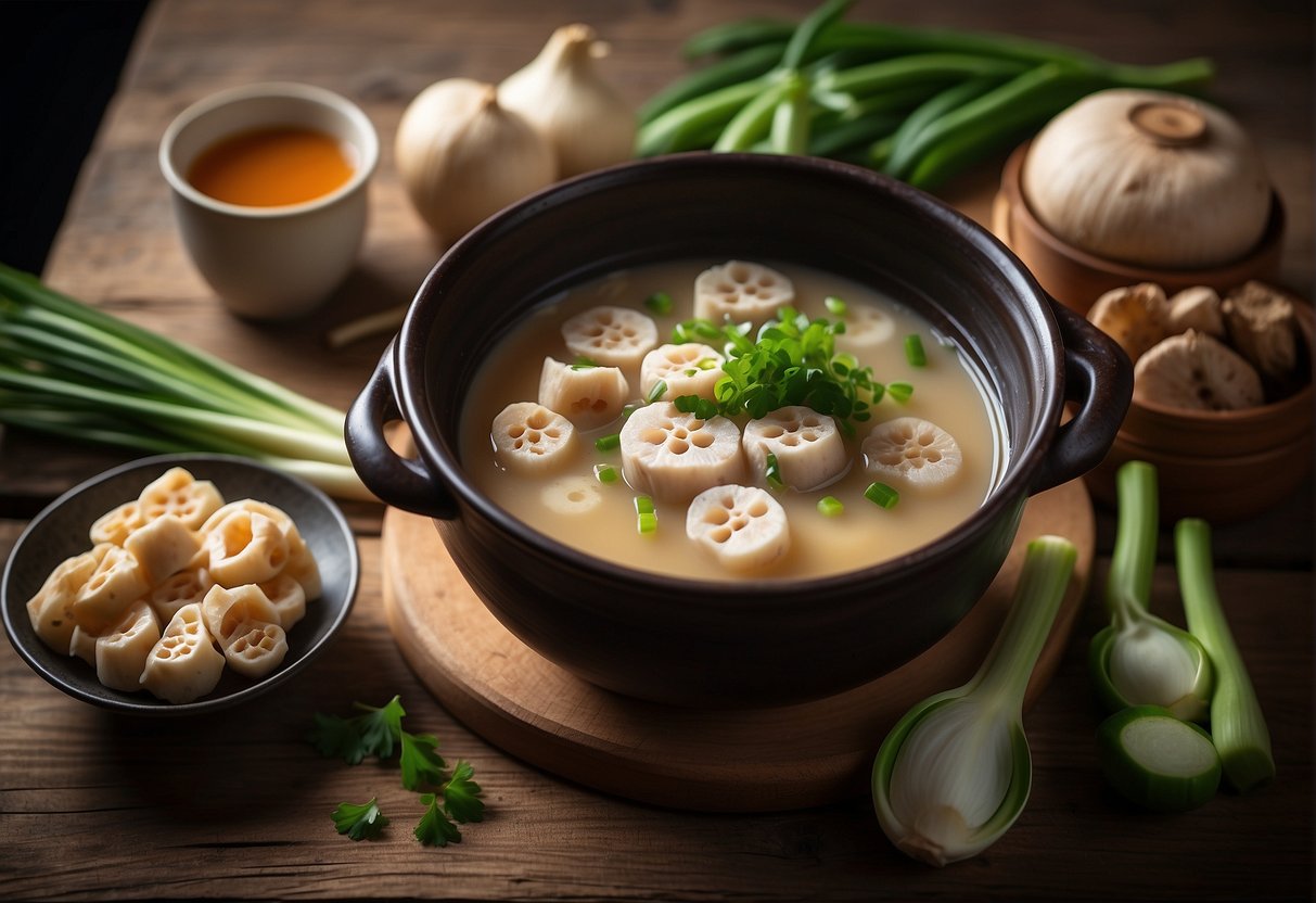 A steaming pot of lotus root soup sits on a rustic wooden table, surrounded by fresh ingredients like pork, ginger, and green onions