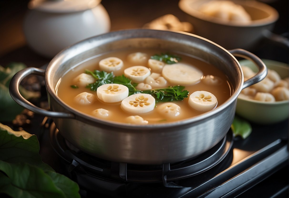 A pot of lotus root soup simmers on a stove, surrounded by fresh lotus root, ginger, and other traditional Chinese ingredients. Possible substitutes are displayed nearby