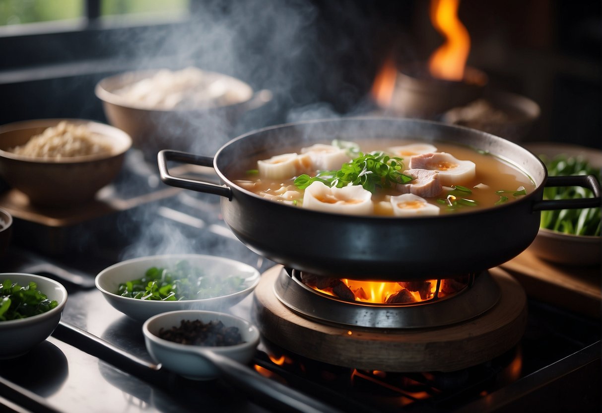 A pot simmers on a stove, filled with sliced lotus root, pork, and Chinese herbs. Steam rises as the ingredients meld together, creating a fragrant and nourishing soup
