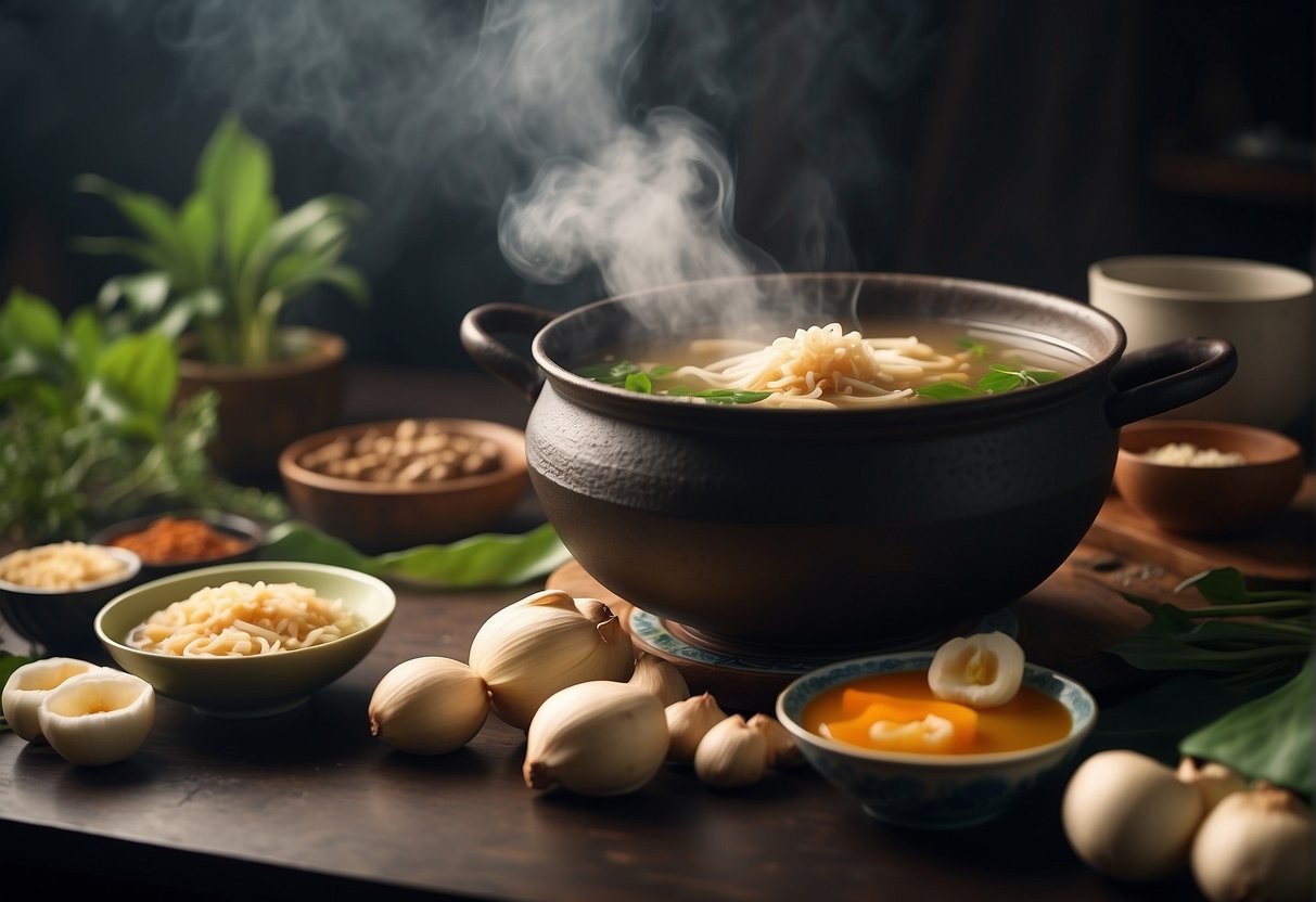 A steaming pot of lotus soup with Chinese ingredients, surrounded by fresh lotus roots, ginger, and herbs