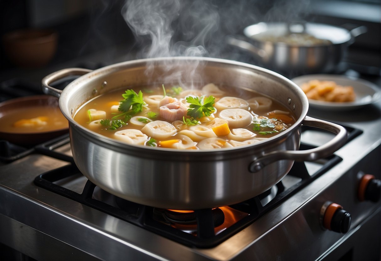 A pot simmers on a stove, filled with sliced lotus root, pork, and ginger in a clear broth. Steam rises and the aroma of simmering soup fills the kitchen
