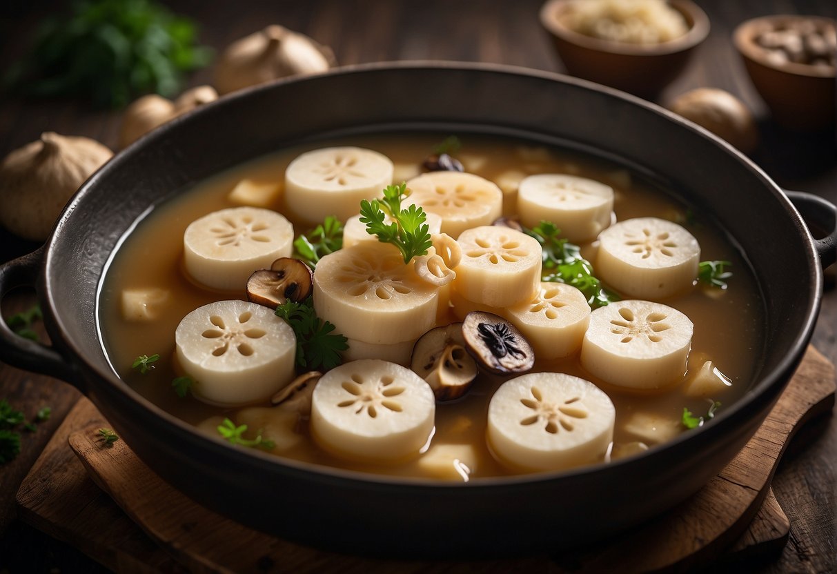 A chef slices fresh lotus root and ginger, then simmers them in a fragrant broth with tofu and mushrooms