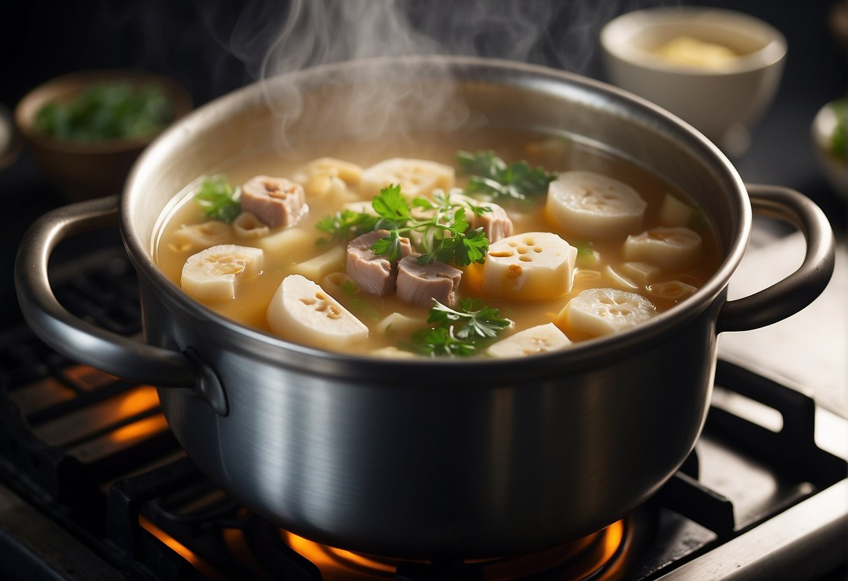 A pot simmers on a stove. Lotus root, pork, and ginger float in a fragrant broth. Steam rises as the soup cooks