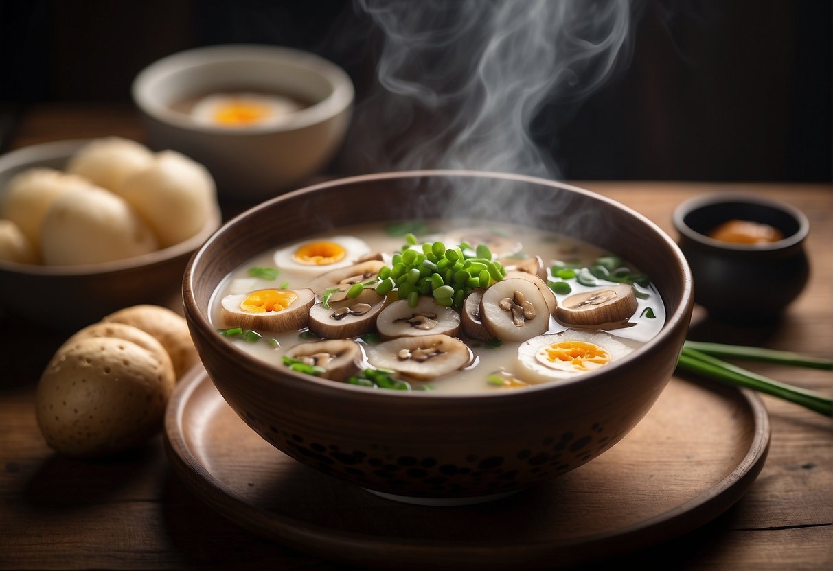 A steaming bowl of lotus root soup with floating slices of root, mushrooms, and green onions, placed on a wooden table with chopsticks on the side
