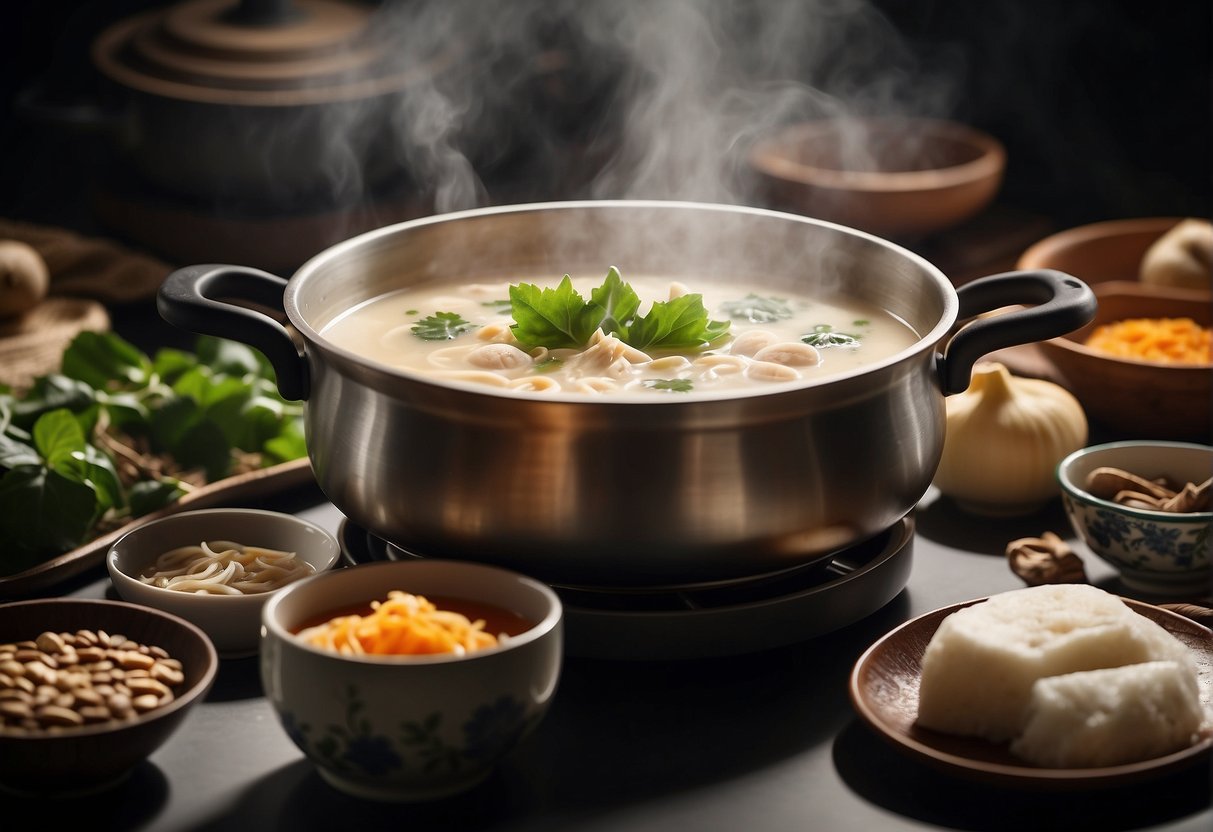 A steaming pot of lotus root soup simmers on a stovetop, surrounded by traditional Chinese ingredients and cooking utensils