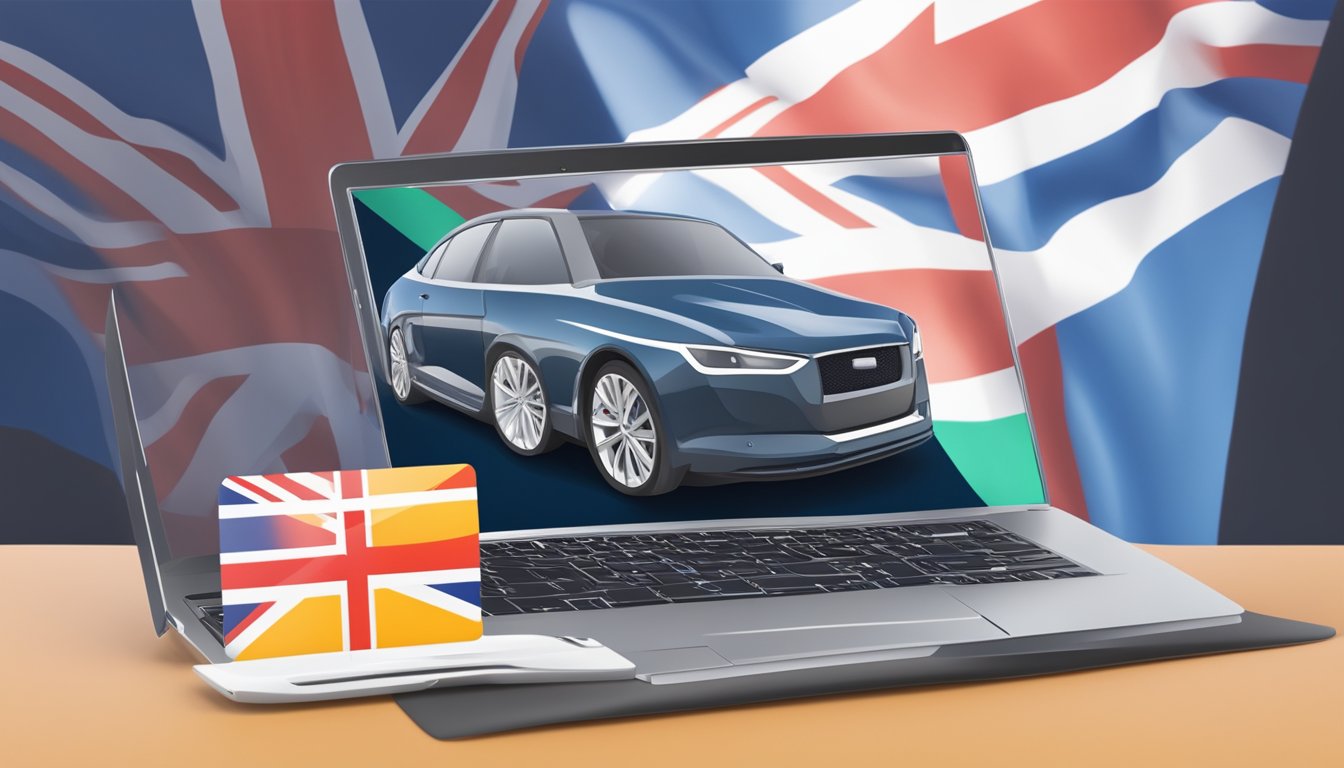 A laptop with a car website open, a credit card, and a UK flag in the background