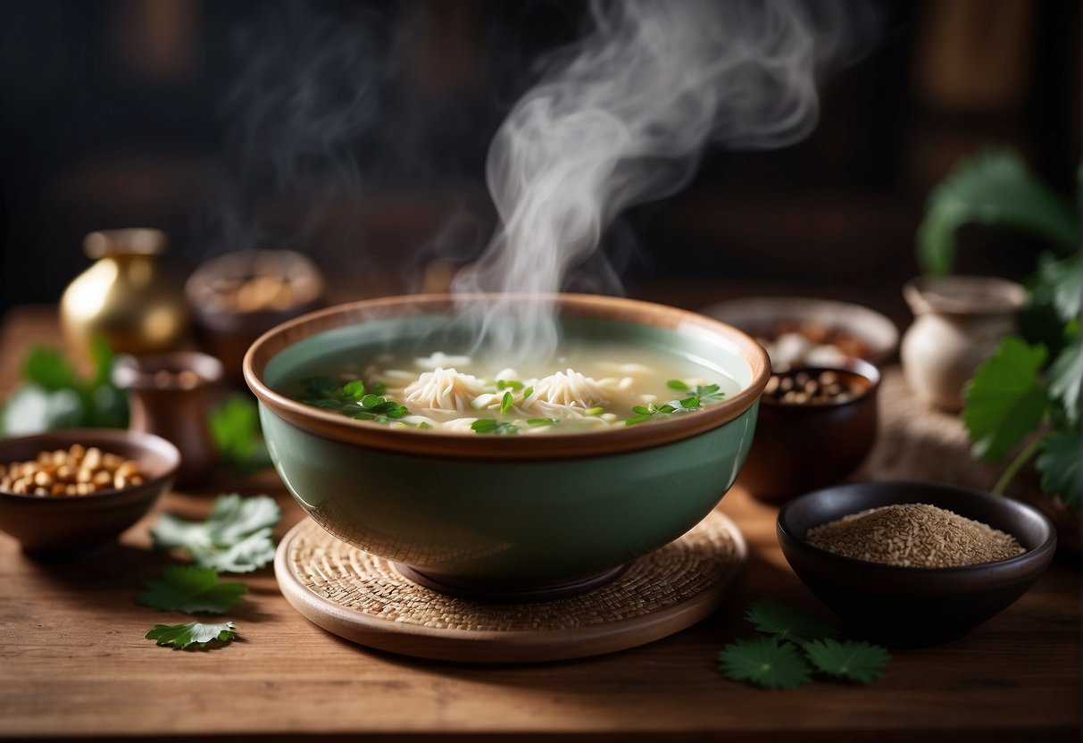 A steaming bowl of lotus soup sits on a wooden table, surrounded by traditional Chinese herbs and ingredients. The delicate aroma of the soup fills the air, showcasing its cultural significance in Chinese cuisine