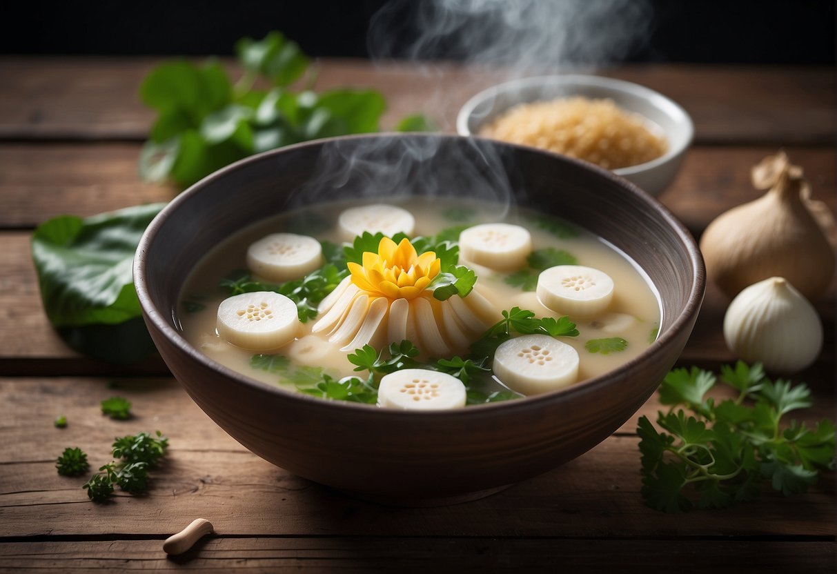 A steaming bowl of lotus soup sits on a rustic wooden table, garnished with fresh green herbs and slices of tender lotus root