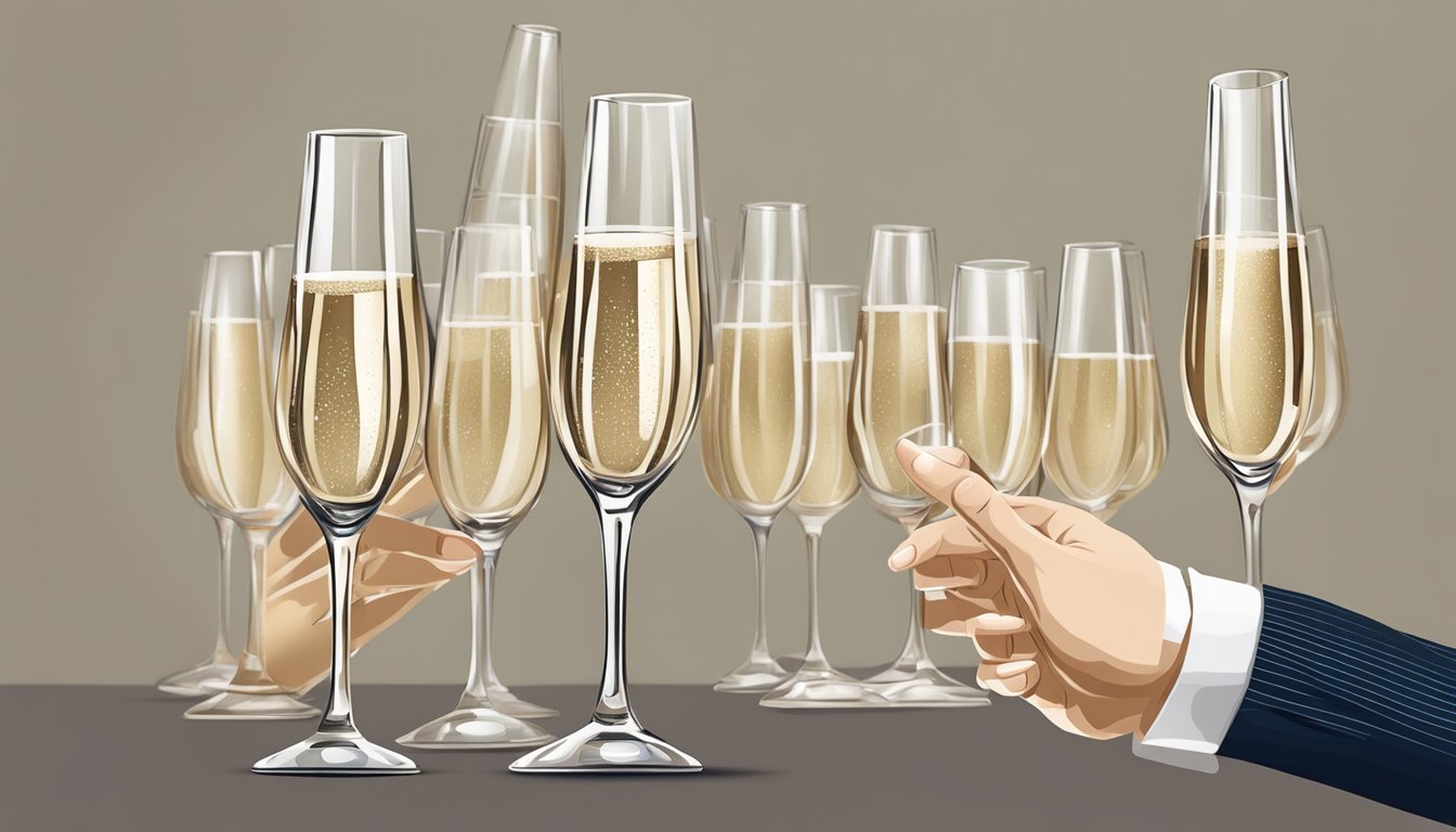 A hand reaches for a set of elegant champagne glasses displayed on a sleek online shopping website