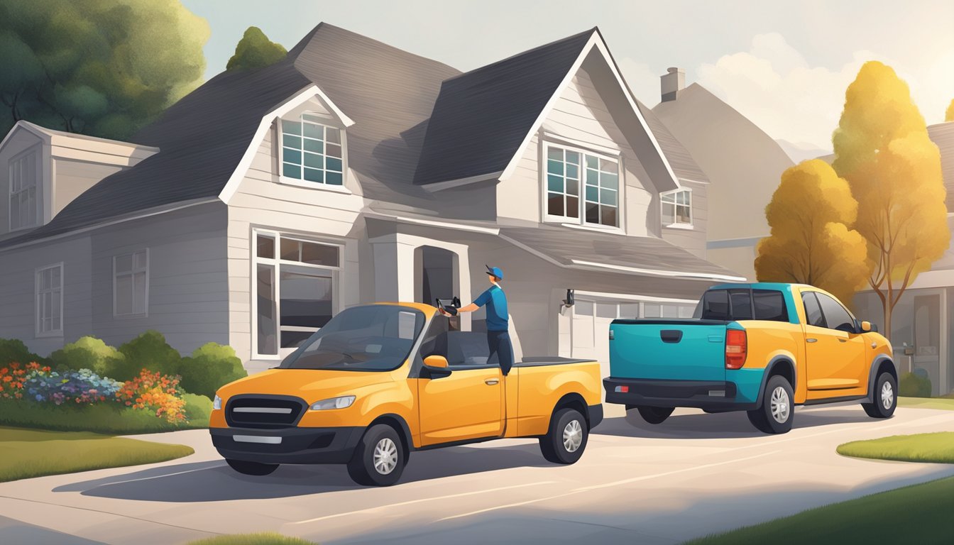 A car being delivered to a customer's home, with a delivery person unloading the vehicle from a truck and handing over the keys