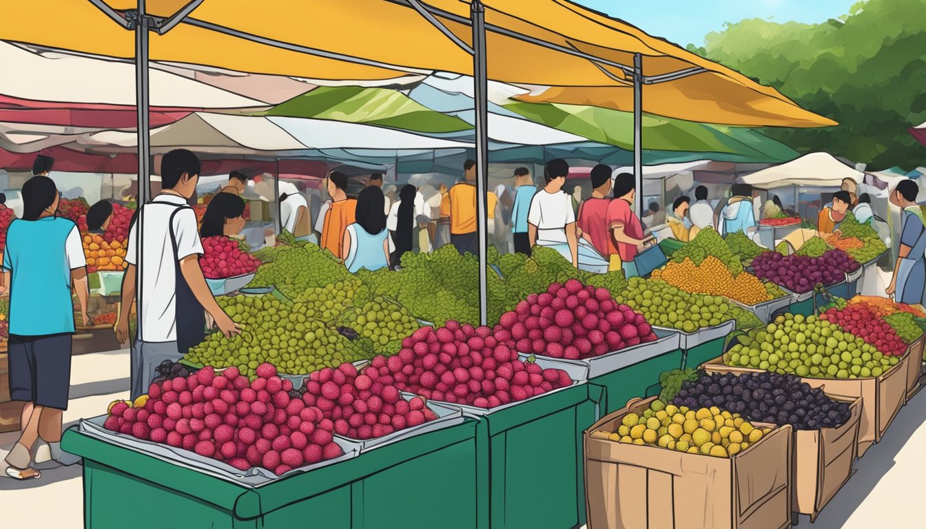A bustling outdoor market stall displays fresh mulberry fruit in Singapore. Customers point and purchase the vibrant, juicy berries
