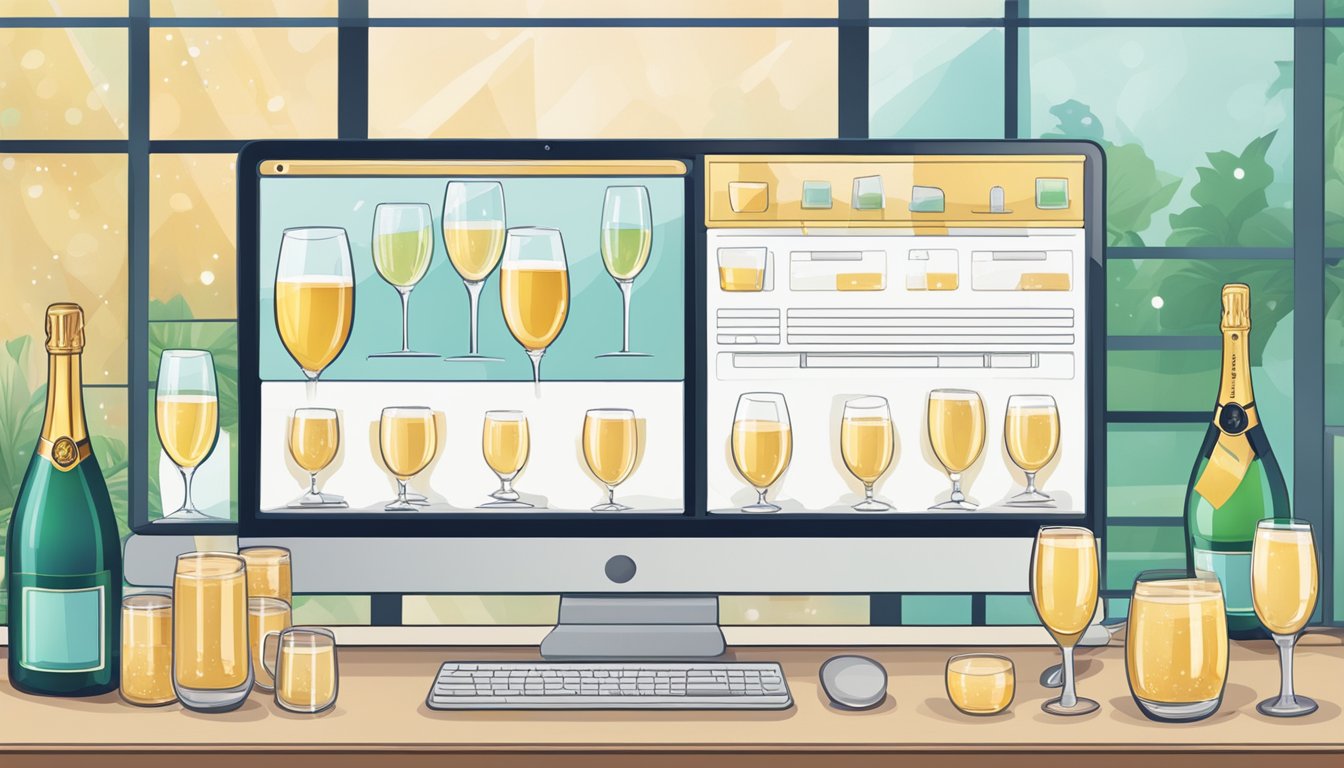 A computer screen displaying an online store with various champagne glasses for sale. Add to cart button highlighted