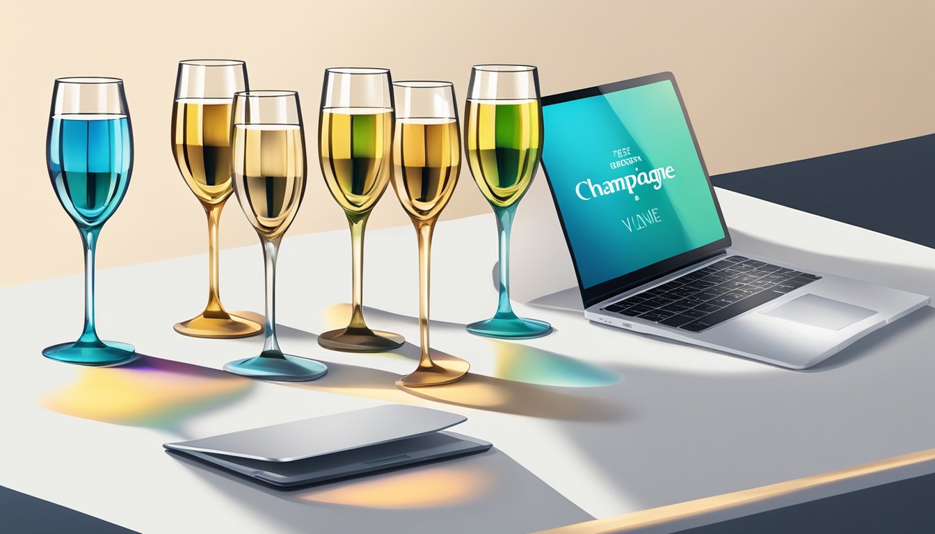Champagne glasses arranged neatly on a sleek, modern table with a laptop open to a "Frequently Asked Questions" page about buying champagne glasses online