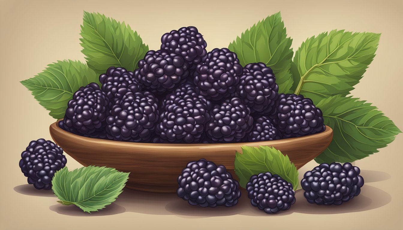 A table filled with fresh mulberries, showcasing their vibrant color and plump texture. A sign nearby highlights the health benefits and nutritional value of the fruit