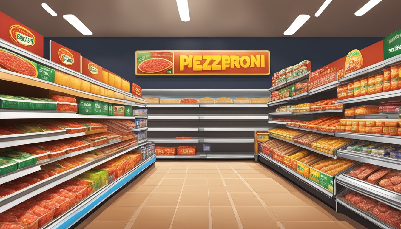 A display of various pepperoni brands and packages on shelves in a specialty grocery store in Singapore. Bright lighting enhances the vibrant colors of the packaging, with clear signage indicating the different types and prices