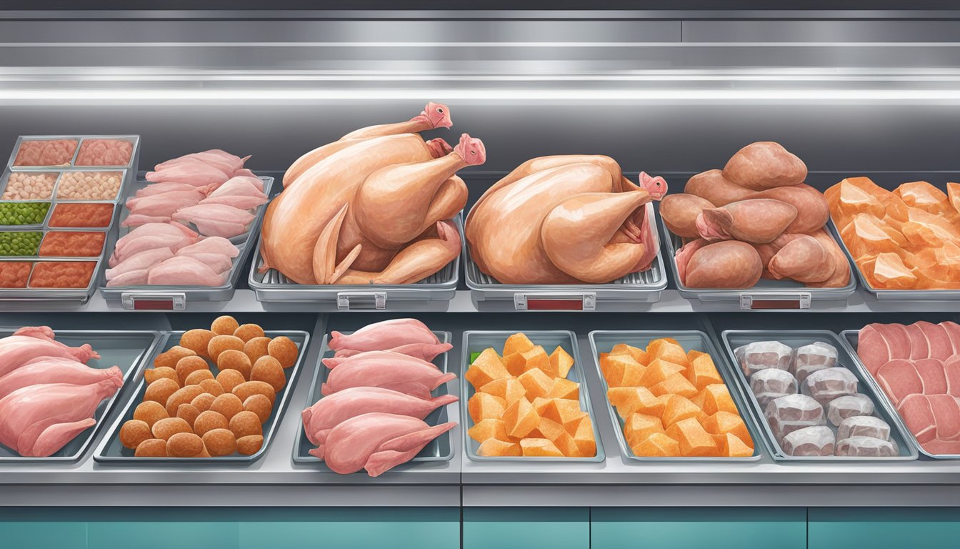 A supermarket display of frozen turkeys in Singapore, labeled with prices and surrounded by other frozen meats
