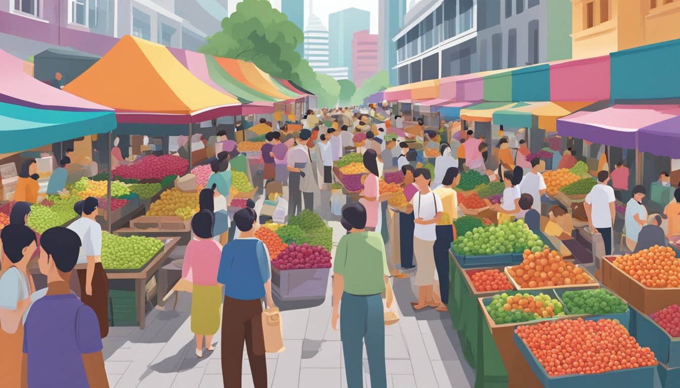 A bustling outdoor market with colorful displays of fresh mulberry fruit, surrounded by eager customers and vendors in Singapore